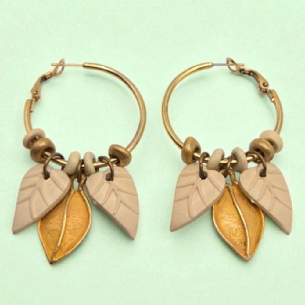 Gold Tone Hoop Earrings with Leaf and‎ Bead Removable Accents Omega Backs